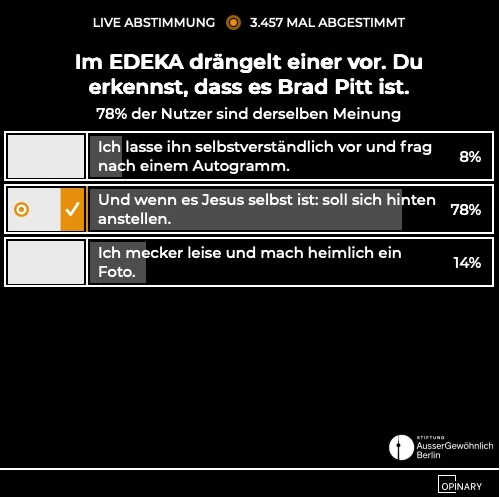 Live-Abstimmung zu einer Alltagssituation im Supermarkt, 78 Prozent wählen die gelassene Antwort.
