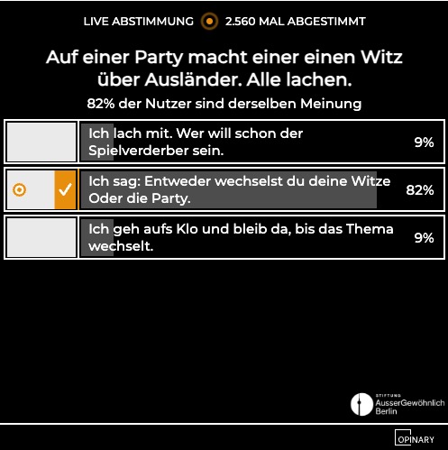 Live-Abstimmung: Auf einer Party macht einer einen Witz über Ausländer. 82 Prozent antworten: Entweder wechselst du deine Witze. Oder die Party.