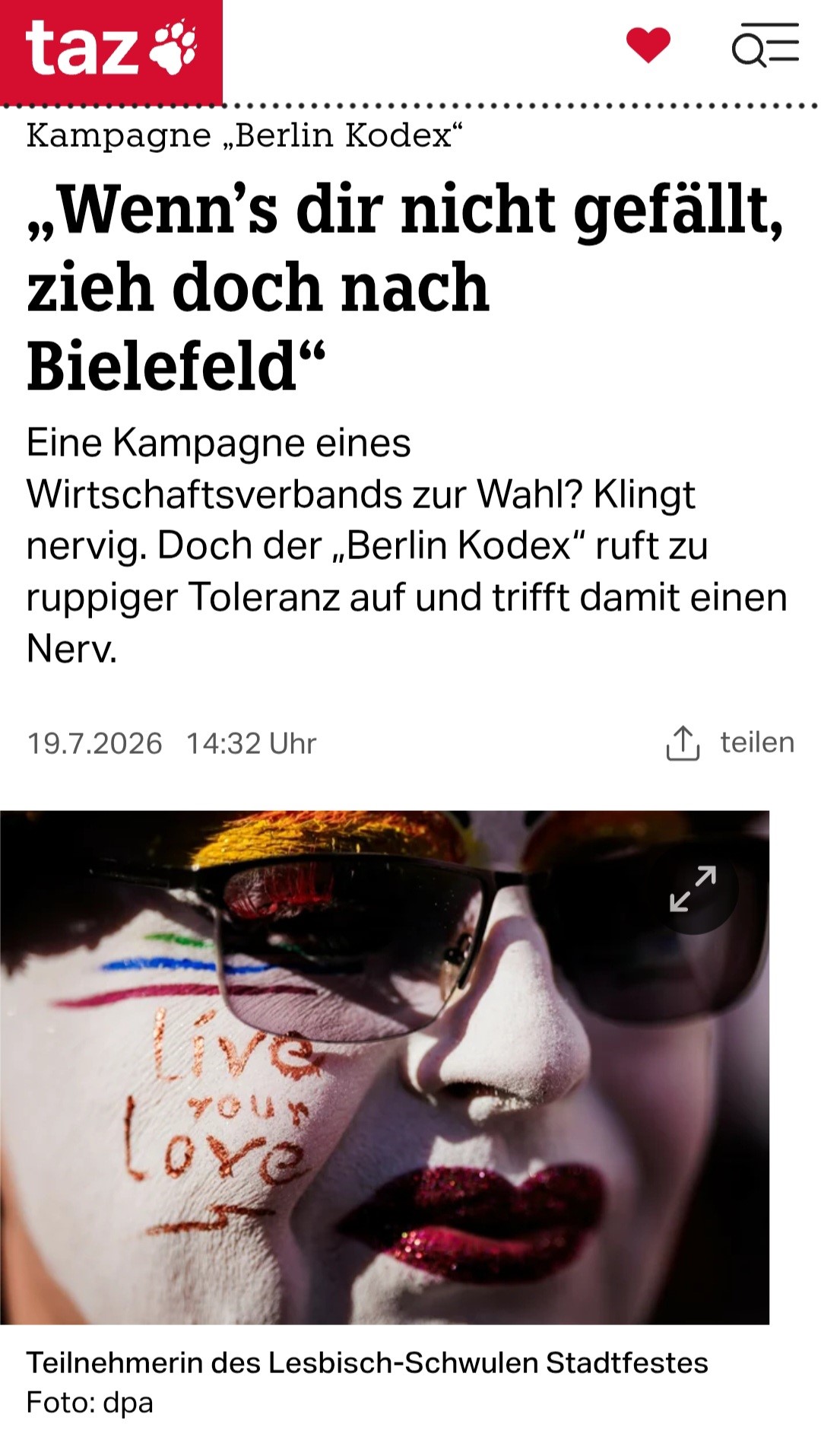 taz-Artikel über die Kampagne Berlin Kodex: „Wenn’s dir nicht gefällt, zieh doch nach Bielefeld“