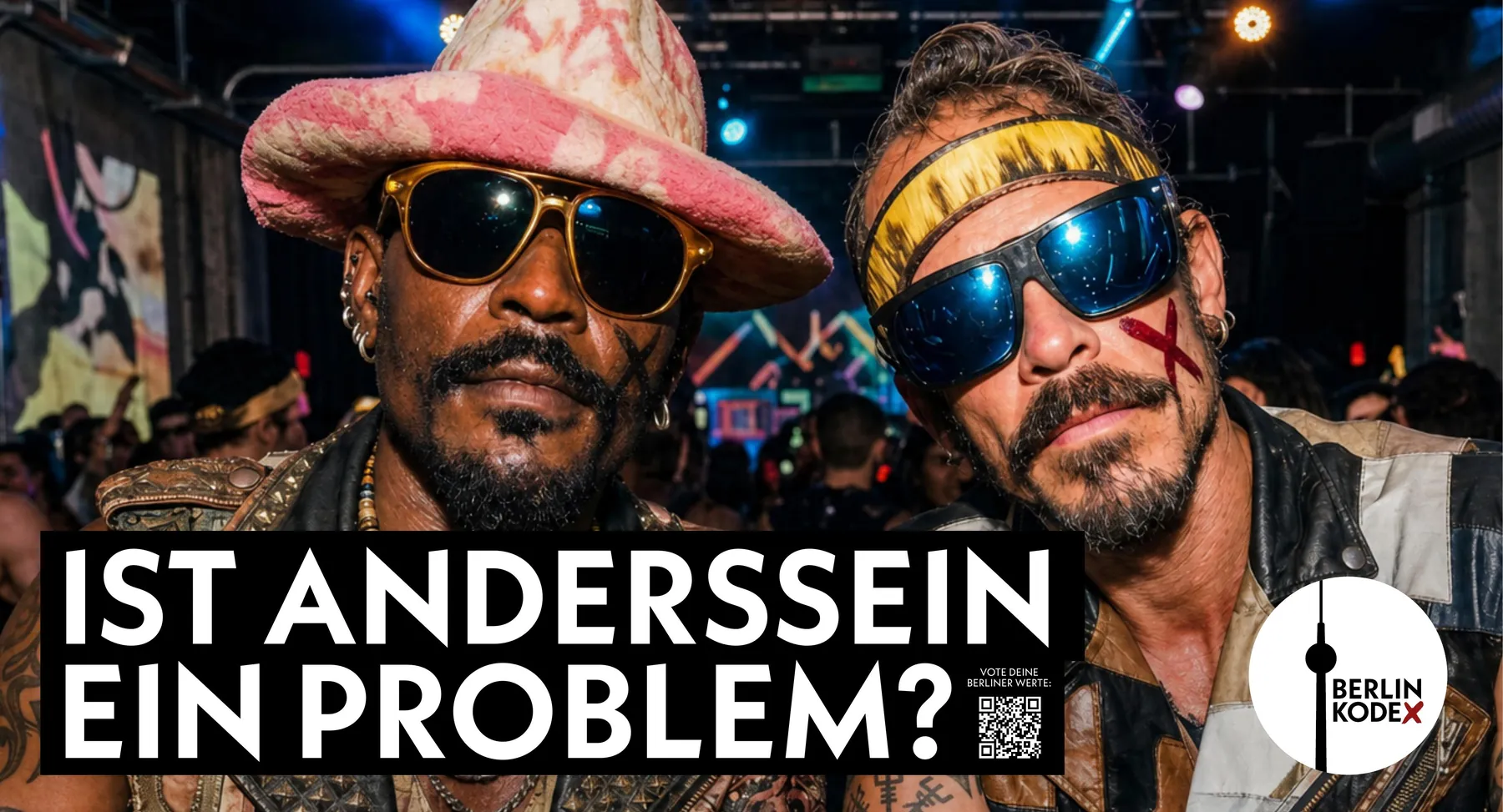Kampagnenmotiv: zwei Männer in extravaganter Clubkleidung, Frage Ist Anderssein ein Problem?