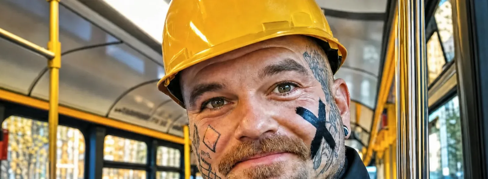 Kampagnenmotiv des Berlin Kodex: Bauarbeiter mit gelbem Helm in einer Berliner Straßenbahn