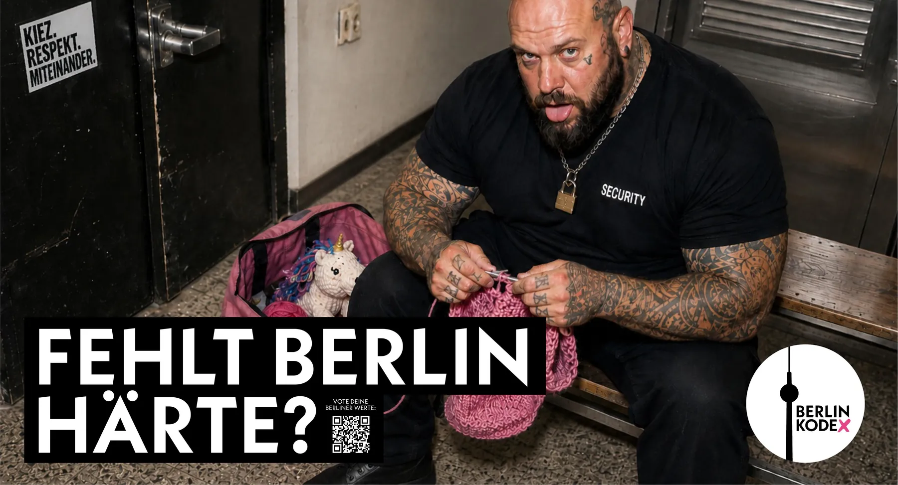 Kampagnenmotiv: Security-Mitarbeiter strickt im Hinterhof, Frage Fehlt Berlin Härte?