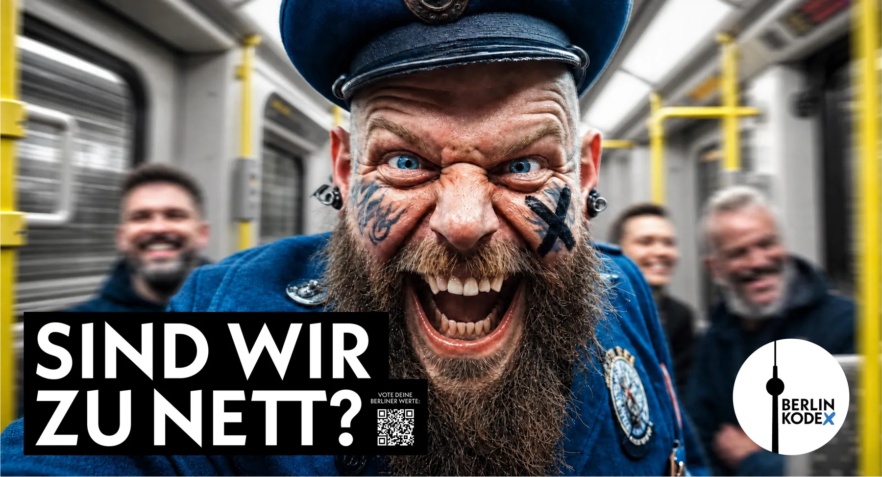 Kampagnenmotiv: lachender Zugbegleiter in der Berliner S-Bahn, Frage Sind wir zu nett?