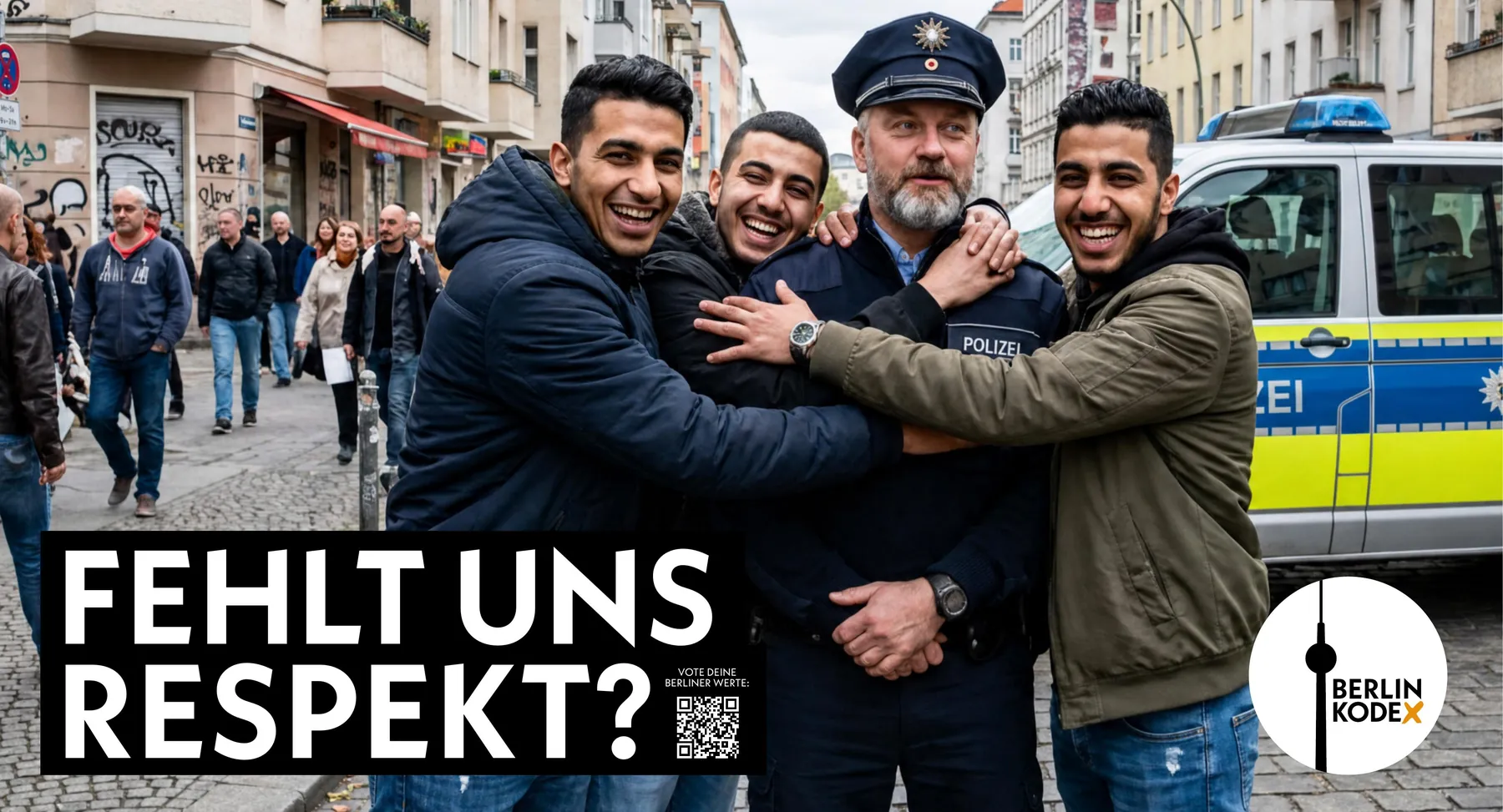 Kampagnenmotiv: drei junge Männer umarmen einen Polizisten, Frage Fehlt uns Respekt?